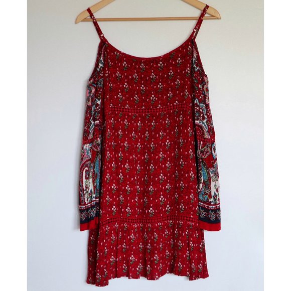 Patrons of Peace Red Cold Shoulder Bell Sleeve Dress - Picture 3 of 11